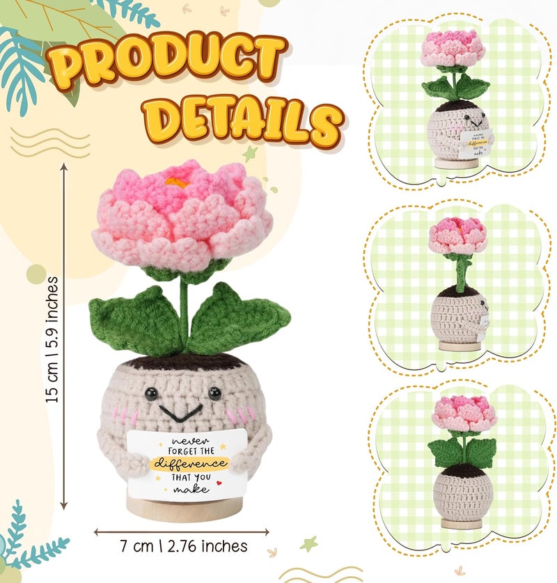 HEXMOZ Handmade Peony Flower Crochet Gift with Positive Card, Thank You Gifts for Women, Teacher Appreciation Gifts, Handmade Collectible Peony Doll Emotional Support Crochet Present for Nurse Boss Coworker - Image 3